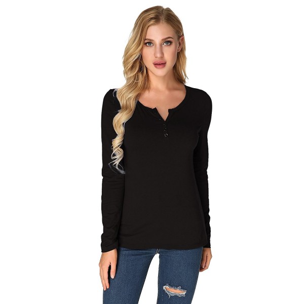 Women's Shirts Henley V Neck Long Sleeve Tops Solid Buttons Casual ...