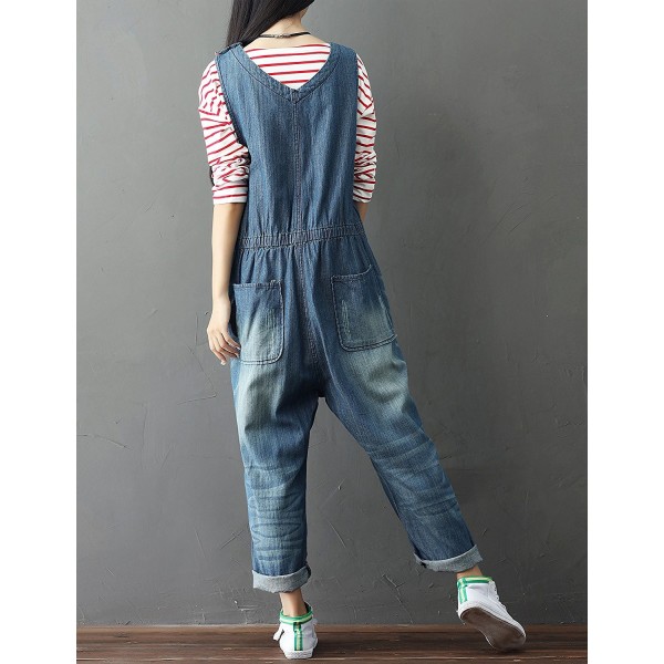 Women's Loose Baggy Denim Wide Leg Jumpsuit Rompers Overalls Harem ...