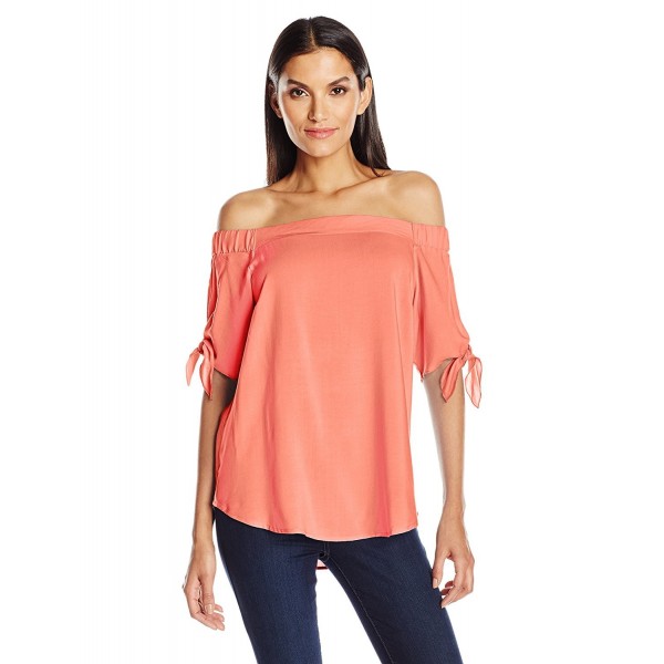 Women's Off Shoulder Top With Elbow Sleeve Tie - Pink Coral - CC12NBYZGR0