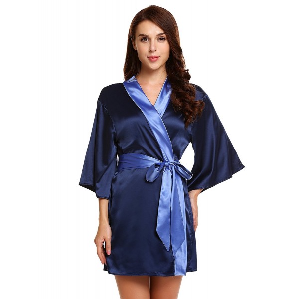Women 3/4 Sleeve Patchwork Sleepwear Open Front Satin Robe With Belt ...