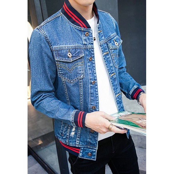 Men's Casual Wear Cotton Denim Jacket - Red Blue - CP185Q0720K