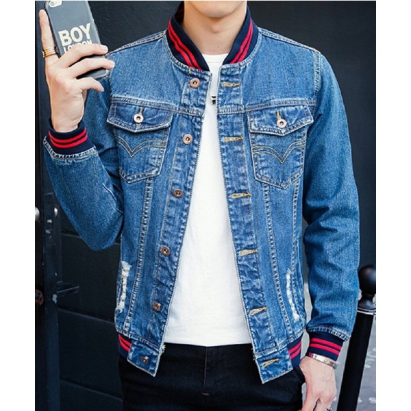 Men's Casual Wear Cotton Denim Jacket - Red Blue - CP185Q0720K