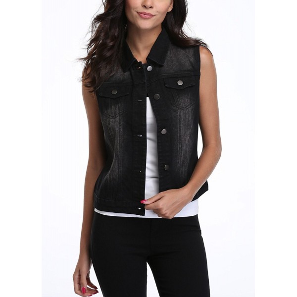 Denim Vest Women Washed Buttoned w 2 Chest Flap Pockets - Black Vest ...