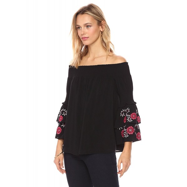 Women's Dana 3/4 Sleeve Off Shoulder Smocked Ruffle Top - Black Onyx ...