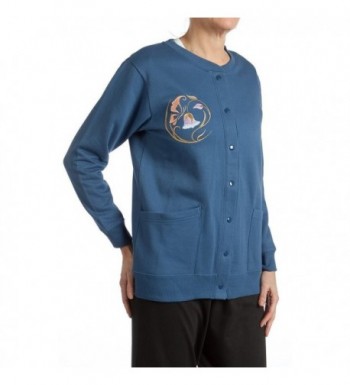 Womens Fleece Cardigan Jacket with Embroidery - Navy - C511HPMIODX