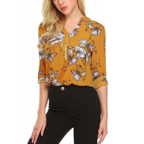 Women Casual Floral Print Long Sleeve Zip V Neck Chiffon Blouse ...