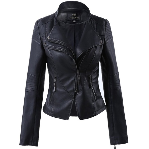 LLF Women's Faux Leather Stand-up Collar Moto Biker Short Jacket ...