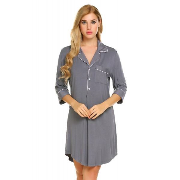 Women Short Sleeve Button Down Sleep Shirt Notcher Collar Sleep Dress ...