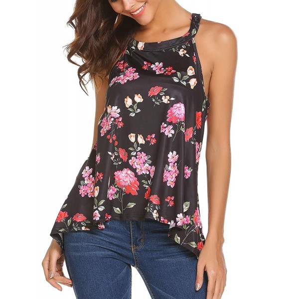 Women High Neck Floral Print Sleeveless T-Shirt Cami Tank Top S-XXL ...