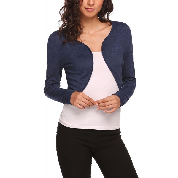 Women Long Sleeve Bolero Shrug Light Knit Cropped Cardigan Open Front Jacket  - 0_navy Blue - CV1868G40XL