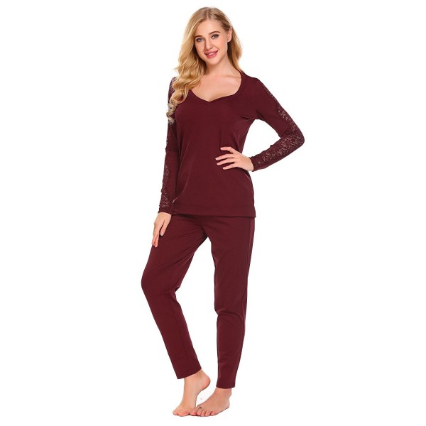 Women's Pajama Lounge Set Lace Sleepwear Long Sleeve Sleep Shirt With ...