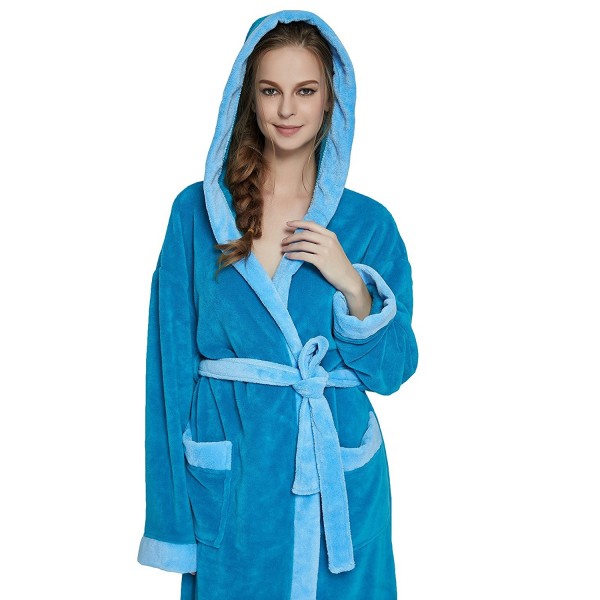 Women's Hooded Bathrobe by Turquoise/Blue Soft Spa Kimono Shawl Collar ...