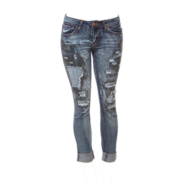 Ripped Distressed Patched Skinny Stretch Jeans For Women Bottom Cuff ...