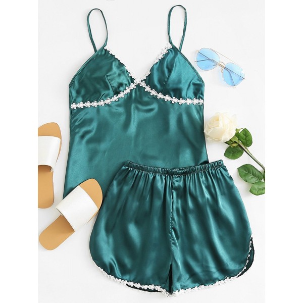 Women's Lace Trim Cami And Shorts Casual Cute Pajama Set - Green ...