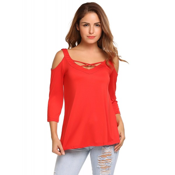 Women's Sexy Crisscross V Neck Cold Shoulder Tops Lace Up Tunic Long ...