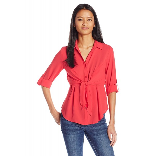 Roll Tab Button Down Shirt With Faux Wrap - Poppy - CN12OHU6M7I
