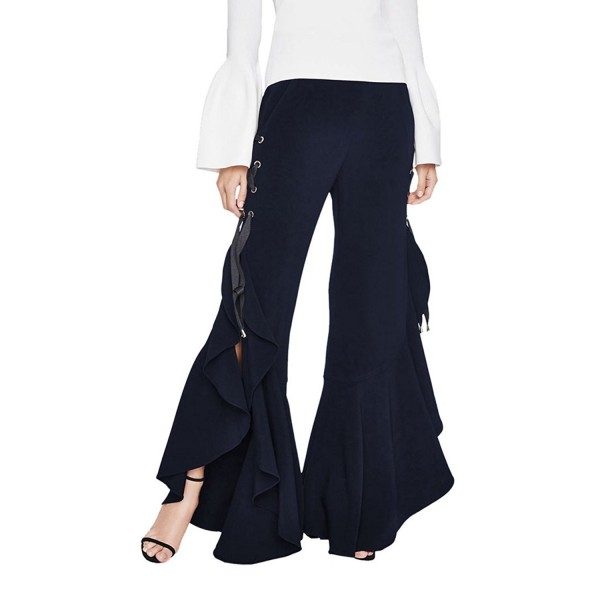 Womens Side Slit Lace Up Asymmetrical Ruffled Flare Pants - Navy Blue ...