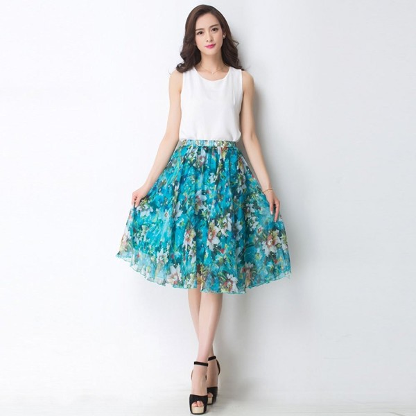 MINGXIN Gypsy/Bohemian Women's Printed Chiffon Pleated Knee-Long Skirt ...