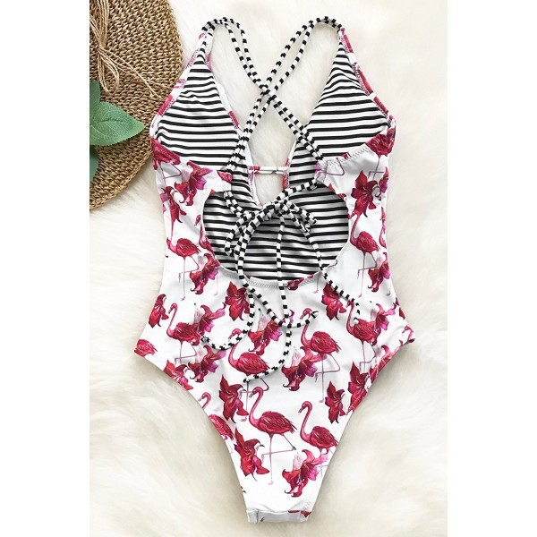 Women's Flamingo Printing High Waited Cross One Piece Swimsuit ...