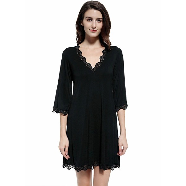 Womens Black Cotton Nightgown Soft V Neck Lace Sleep Shirt Dress Short ...