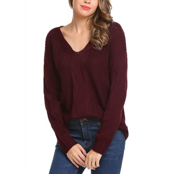 Womens Casual V Neck Long Sleeve Loose Fit Crochet Knitted Sweater ...