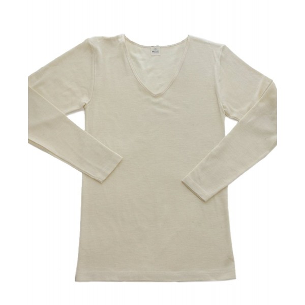 Hocosa Women's Long-Underwear Shirt- Long Sleeve- V-neck- in Organic Merino  Wool - Natural White - CN112K9DWFL