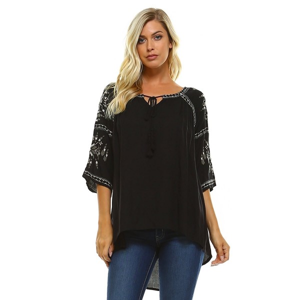 Loose Fit Womens Black Embroidered Peasant Top - 3/4 Sleeve Blouse ...