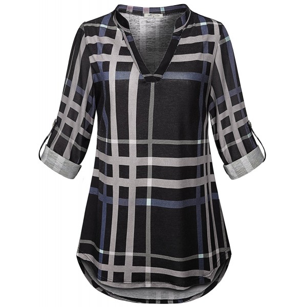 Womens 3/4 Roll Sleeve Shirt Notch Neck Loose Tops Plaid Tunic Blouse ...