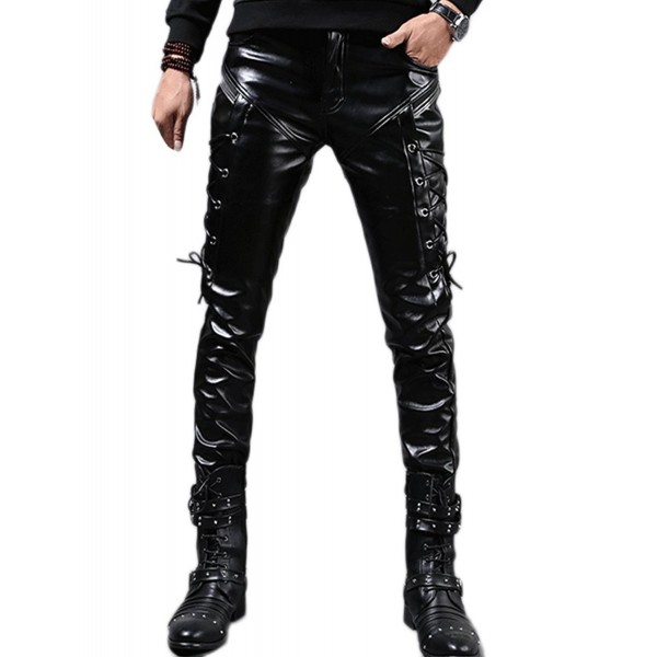 Men`s Rock Steampunk Lace Up PU Leather Pants Slim Fit - Black ...