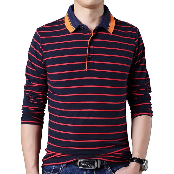 Men's Polo Shirts Stripe Long-Sleeved T Shirt Cotton Casual Shirt - Red ...