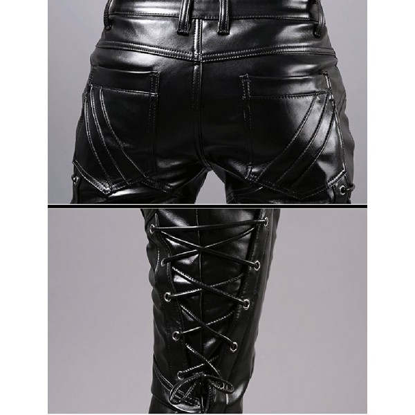 Men`s Rock Steampunk Lace Up PU Leather Pants Slim Fit - Black ...