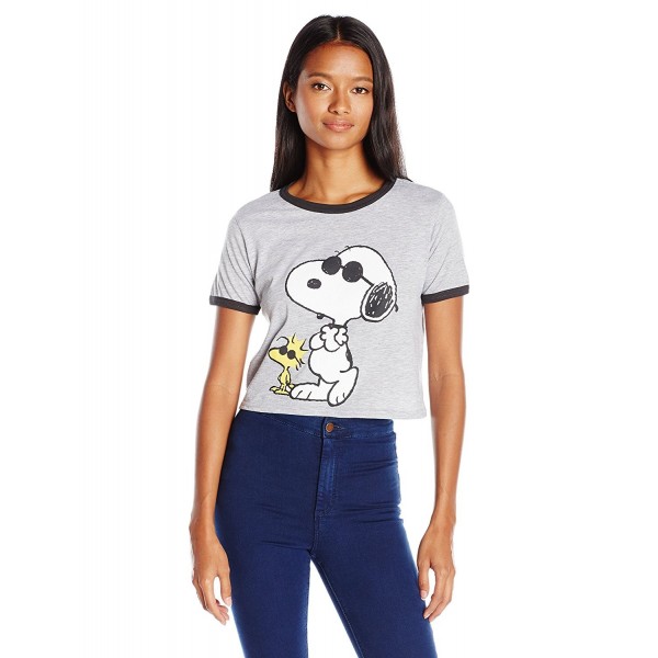 Juniors Snoopy Cotton Polyester Blend Graphic Ringer Tee - Grey Heather ...