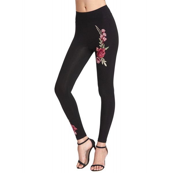 Womens Rose Embroidered Flower Skinny Long Leggings High Waist Pant Black C0182kms5u6