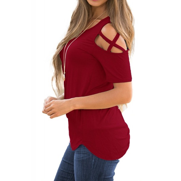 Womens Loose Strappy Cold Shoulder Tops Basic T Shirts - Burgundy ...