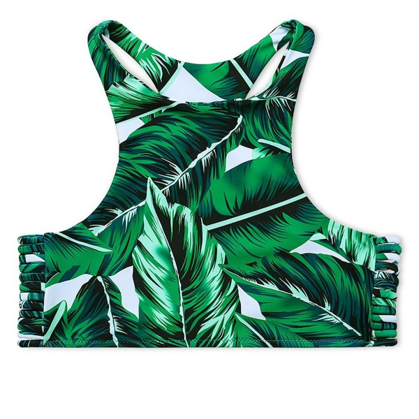 Tropical Green Leaf Print Bikini Strappy High Neck Raceback Swimsuits For Women Green 9779