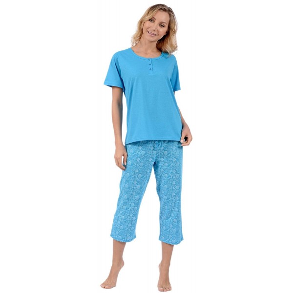 Women's 2 Piece Capri and Tee Lightweight Cotton Pajama Set - Turquoise ...