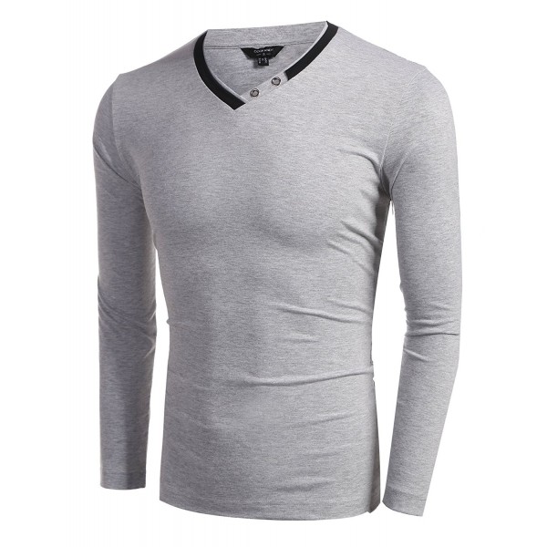 Mens Long Sleeve V-Neck Cotton T-Shirt Casual Pullover With Mental Ring ...