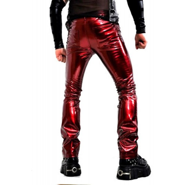 24HRS Men's Red Vinyl PVC Gothic Punk Rocker Slim Jeans Pants - CM12OCA39M5