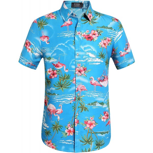 Men's Flowers Flamingos Casual Aloha Hawaiian Shirt - Blue - C7182Y6XMXW