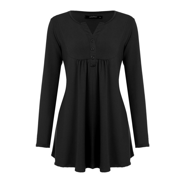 Women's Vintage V-Neck Pleated Tunic Shirt With Long Sleeve - Black ...
