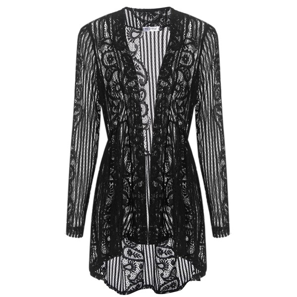 Women Long Sleeve Sheer Lace Crochet Open Front Cardigan Tops - Black2 ...